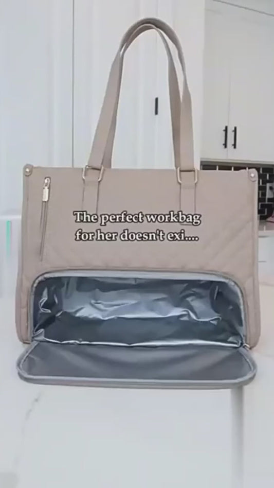 Large Quilted Work Bag for Women with Laptop Sleeve and Thermal Lunch Storage